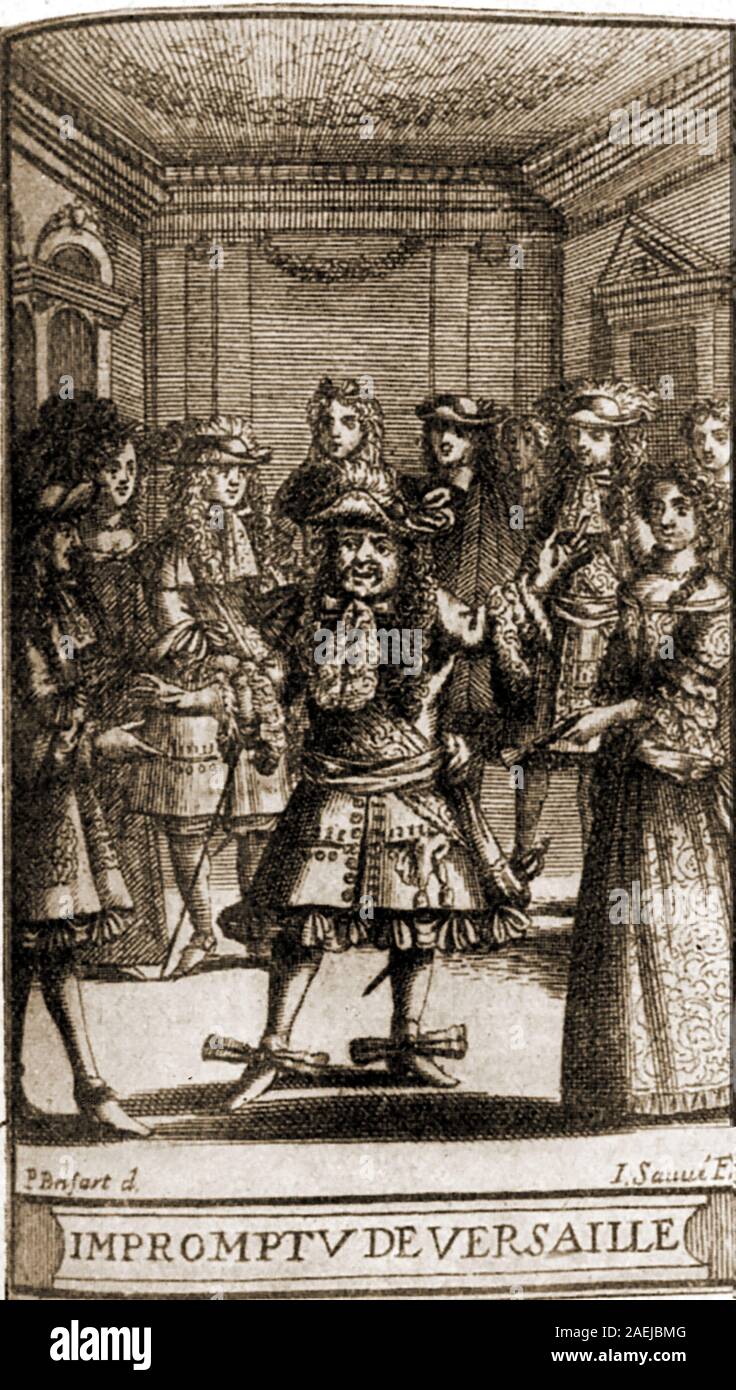 Frontispiece of L'Impromptu de Versailles 1682 edition, showing  Moliere (Jean-Baptiste Poquelin 1622-1673),  French playwright, actor, satirist  and poet.Seen here in the role of a Marquis with his acting troupe. Stock Photo
