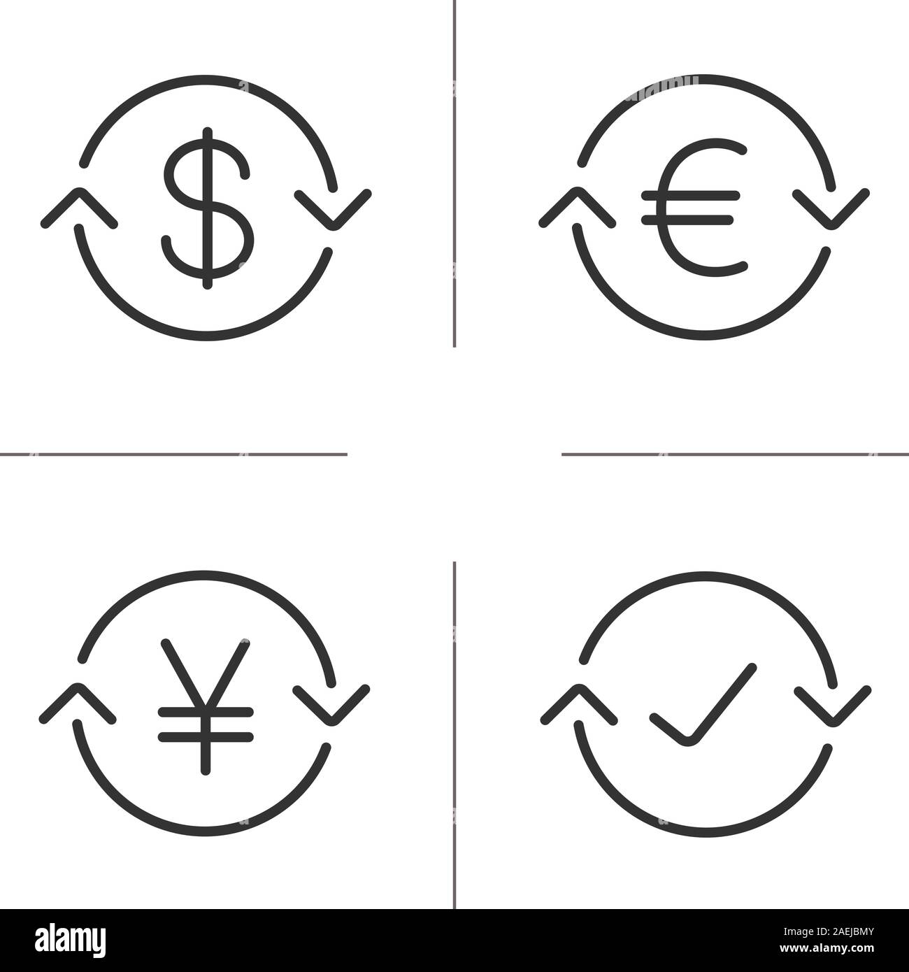 Money exchange linear icons set. US dollar, euro, Japanese yen ...