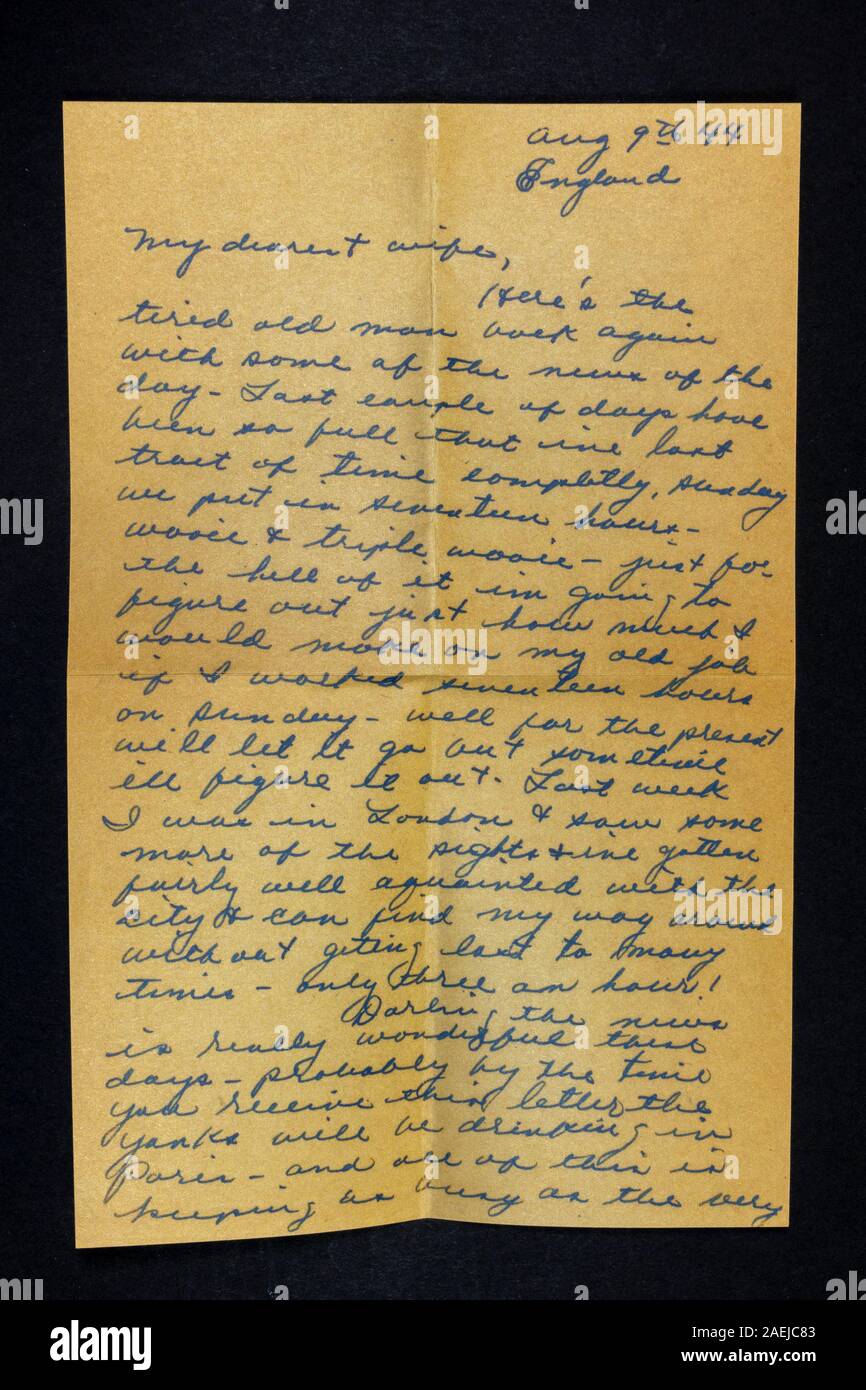 Personal letter sent home by an American Servicemen in August 44, a piece of replica WWII memorabilia relating to Americans ('Yanks') being in the UK. Stock Photo