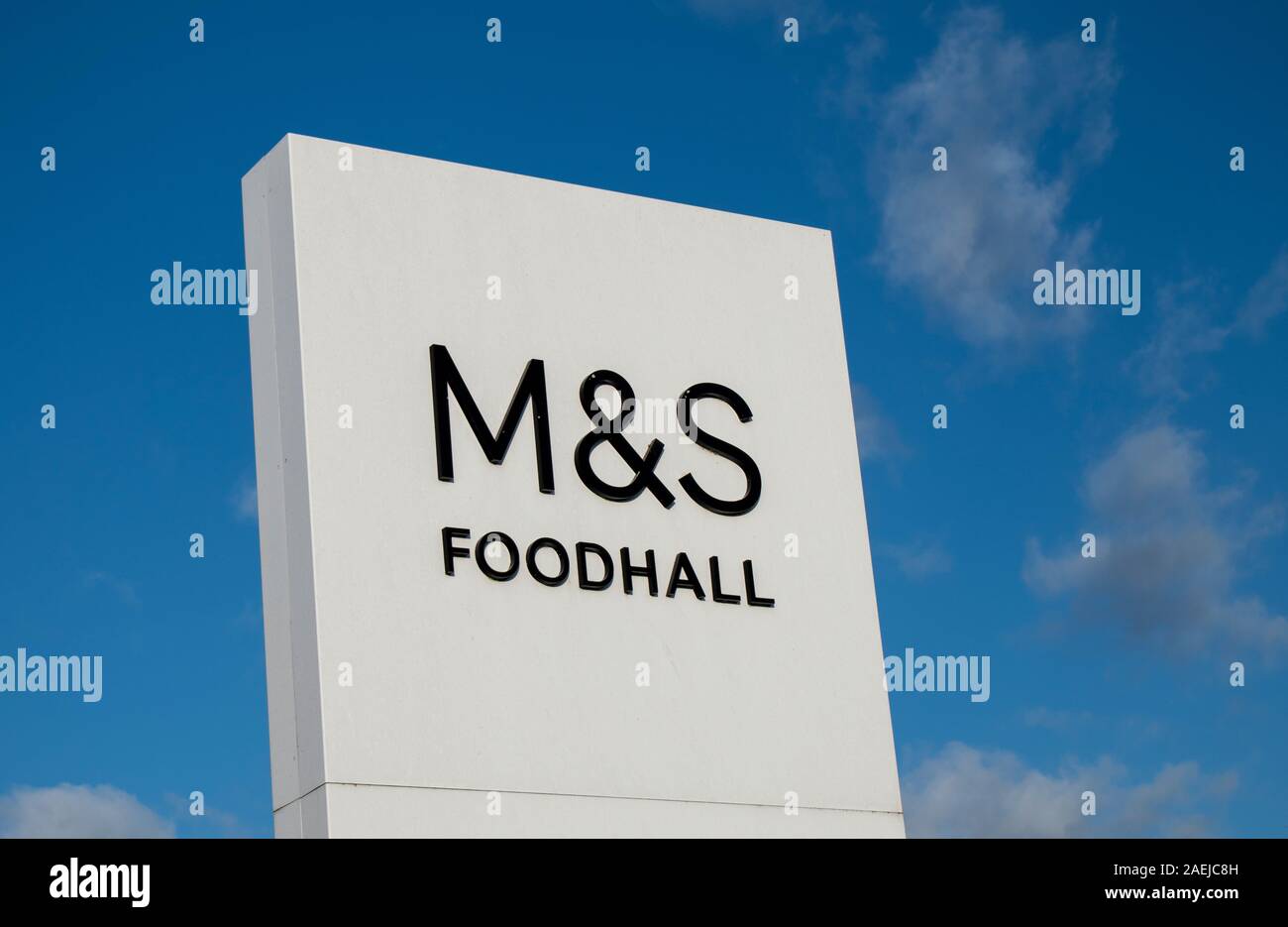 Bognor Regis, West Sussex, UK, December 09, 2019. M&S Foodhall sign in the retail park of Bognor Regis. Stock Photo