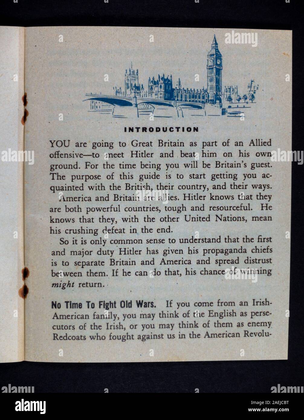 Introduction page inside 'A Short Guide to Great Britain', a piece of WWII replica memorabilia relating to Americans ('Yanks') in the UK. Stock Photo