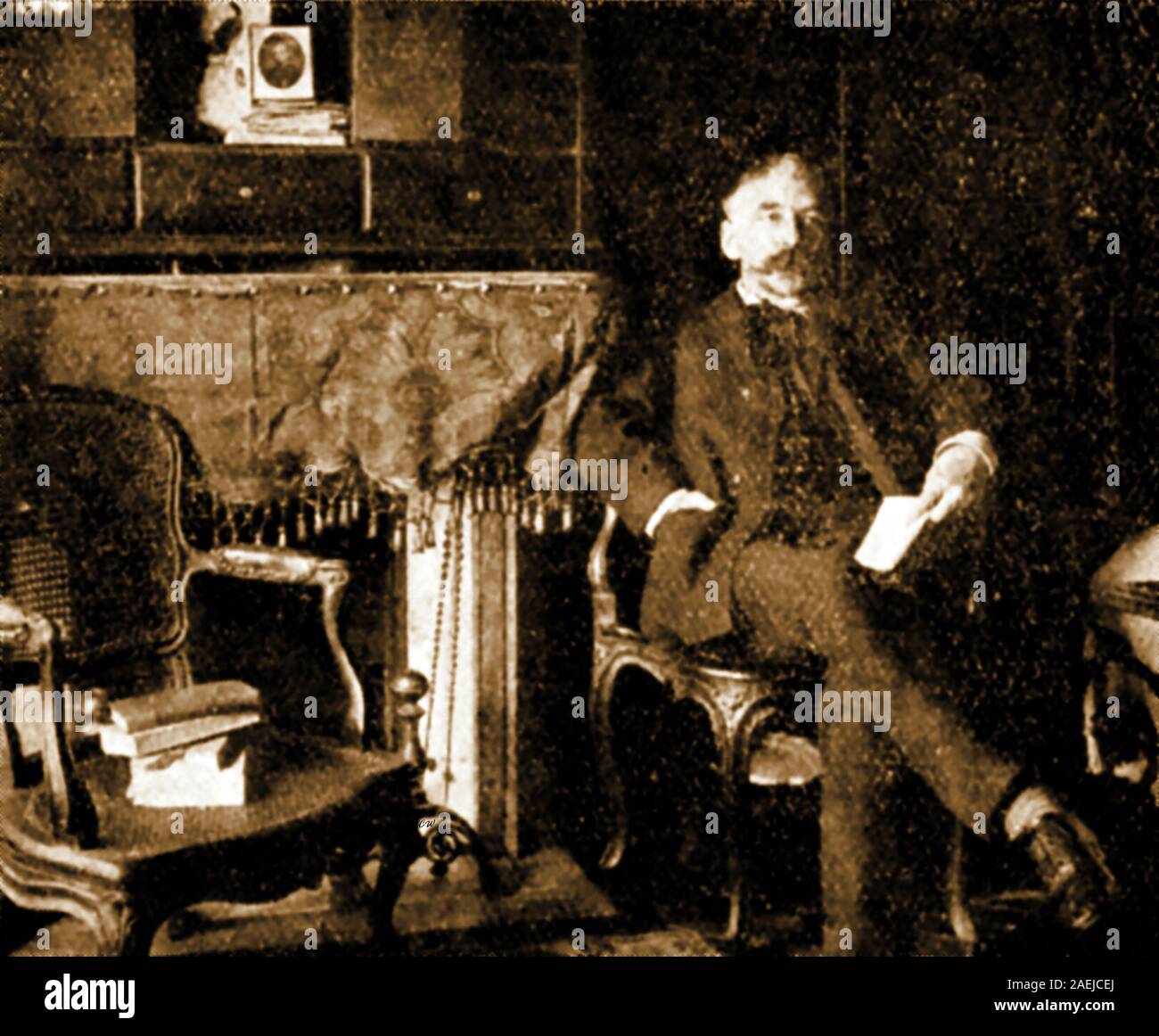 An early printed portrait photograph of  French  writer Stéphane Mallarmé (1842-1898) in his sitting room in Rue de Rome. His major French symbolist poems and other works  anticipated and inspired a number of  revolutionary artistic schools of the early 20th century, including  Dadaism,Cubism, Futurism, and Surrealism. His real name was Étienne Mallarmé, Many consider his works are the most difficult to translate into English because of his use of phonetic ambiguities that only occur in French. Stock Photo
