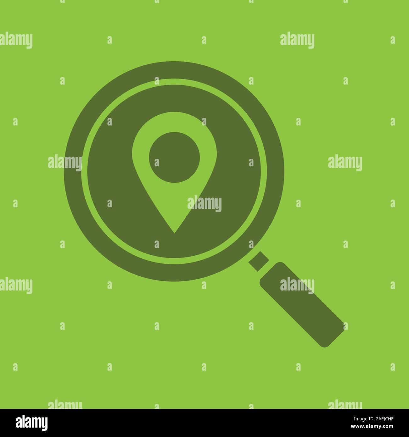 Location search glyph color icon. Silhouette symbol. Magnifying glass with map pinpoint. Negative space. Vector isolated illustration Stock Vector