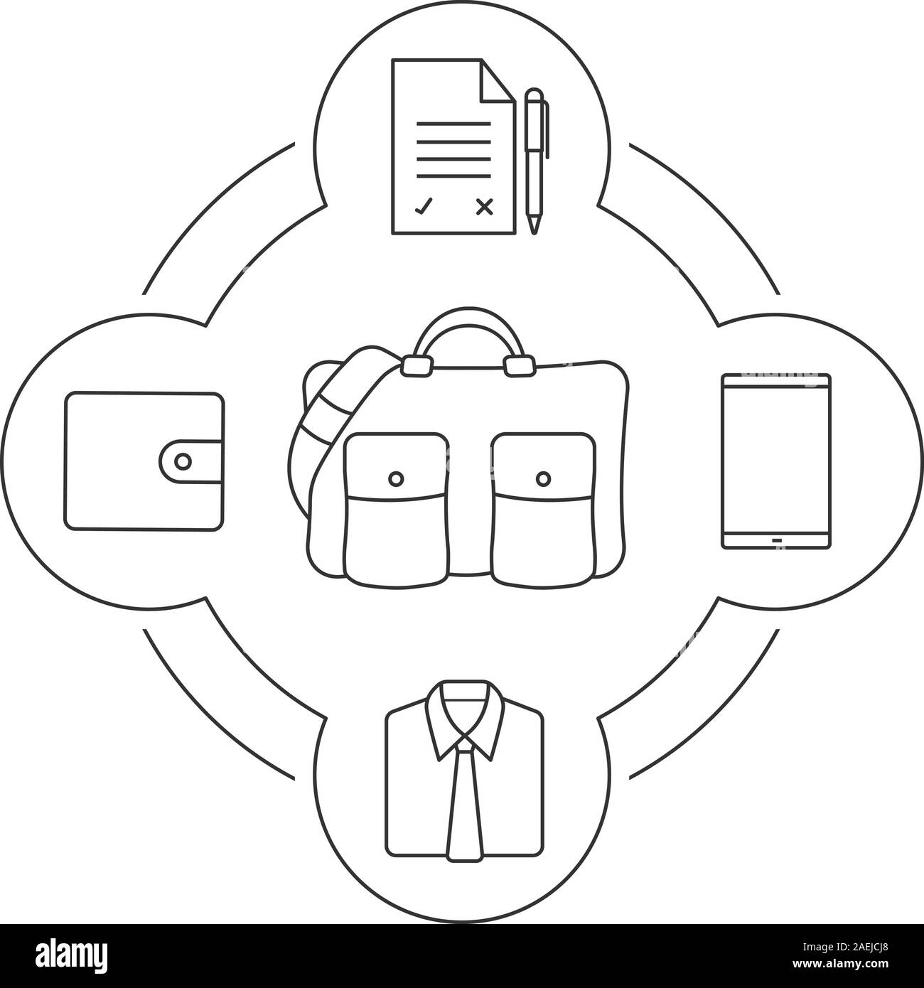 Businessman's travel bag contents linear icons set. Smartphone, contract with pen, shirt and tie, wallet. Isolated vector illustrations Stock Vector