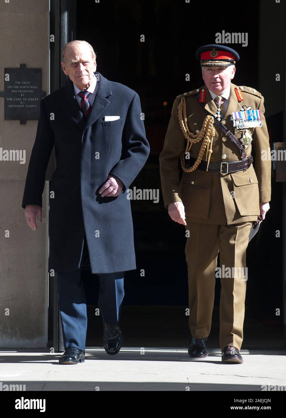 The Duke of Edinburgh with General Lord Dannatt attending a service for the 175th anniversary of the Soldier's and Airmen's scripture Association at the Guards Chapel in London. Stock Photo