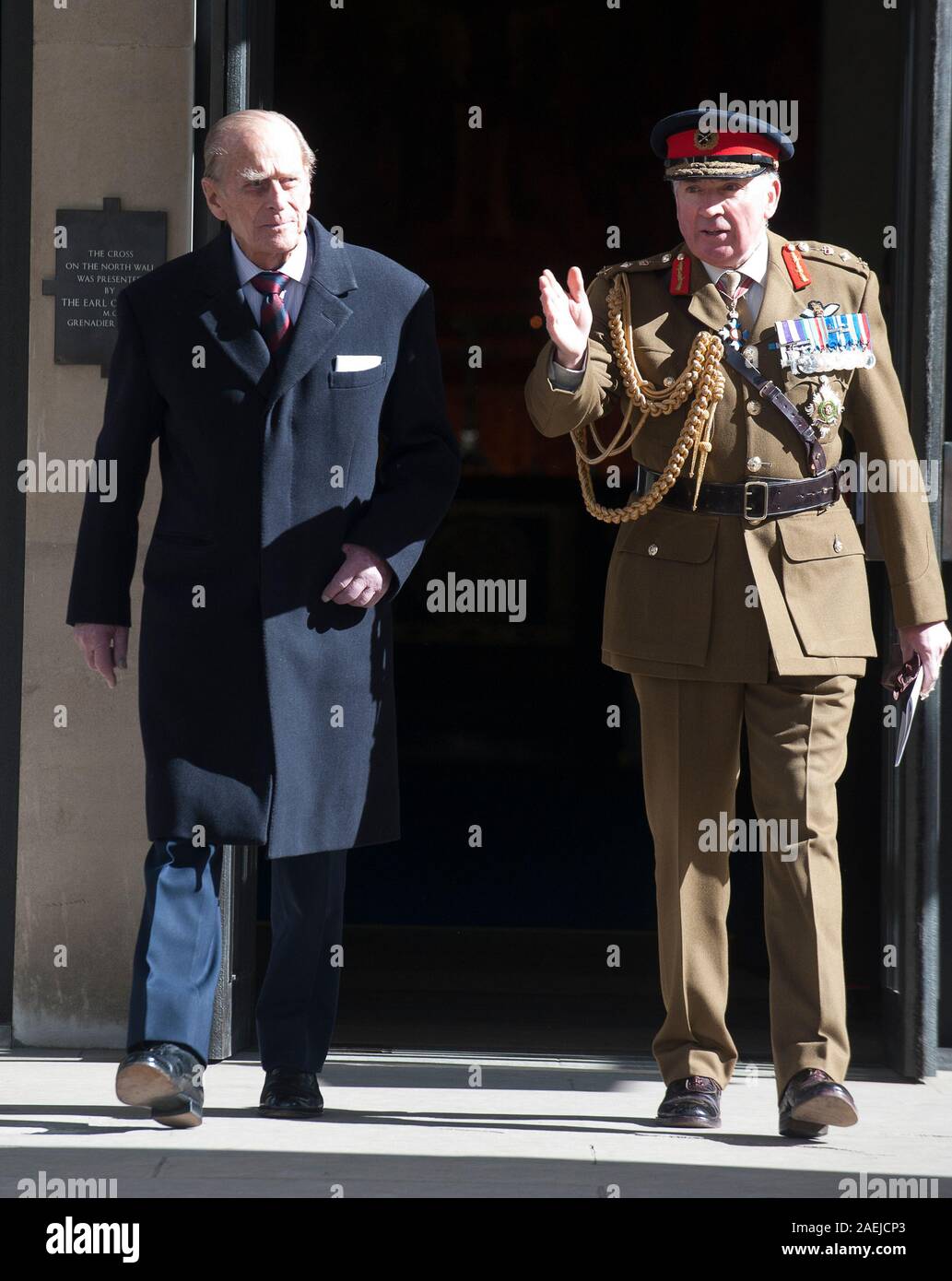 The Duke of Edinburgh with General Lord Dannatt attending a service for the 175th anniversary of the Soldier's and Airmen's scripture Association at the Guards Chapel in London. Stock Photo