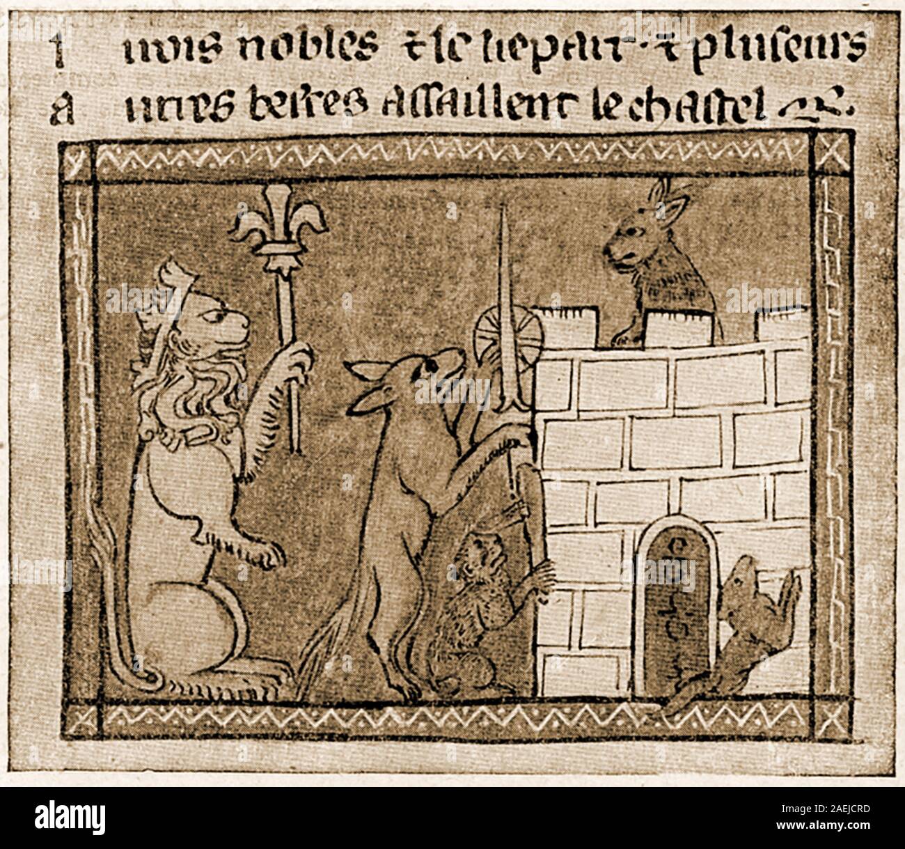 A rare old French Latin Manuscript illustration  from Roman de Renart  showing  -The leopard and several other beasts   assailing  Renart's  (Reynard the fox) Castle in a scene from the   medieval allegorical Dutch, English, French and German fables which occur throughot history from  the 12th century,   throughout the Late Middle Ages, and in chapbooks  etc throughout the Early Modern period. Stock Photo