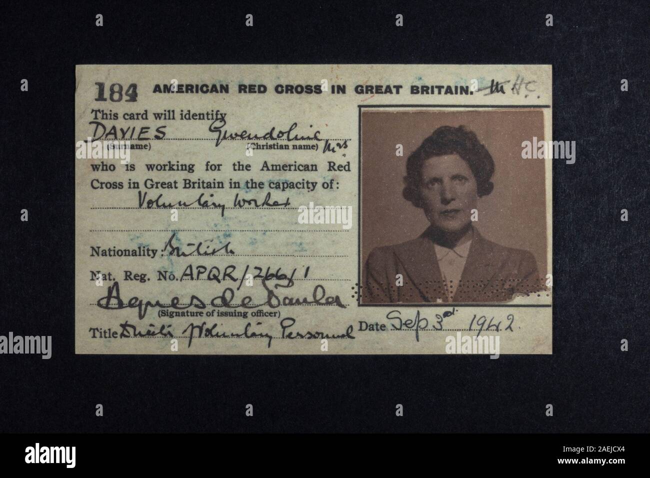 American Red Cross in Great Britain identity card: World War II replica memorabilia relating to Americans ('Yanks') being in the UK. Stock Photo