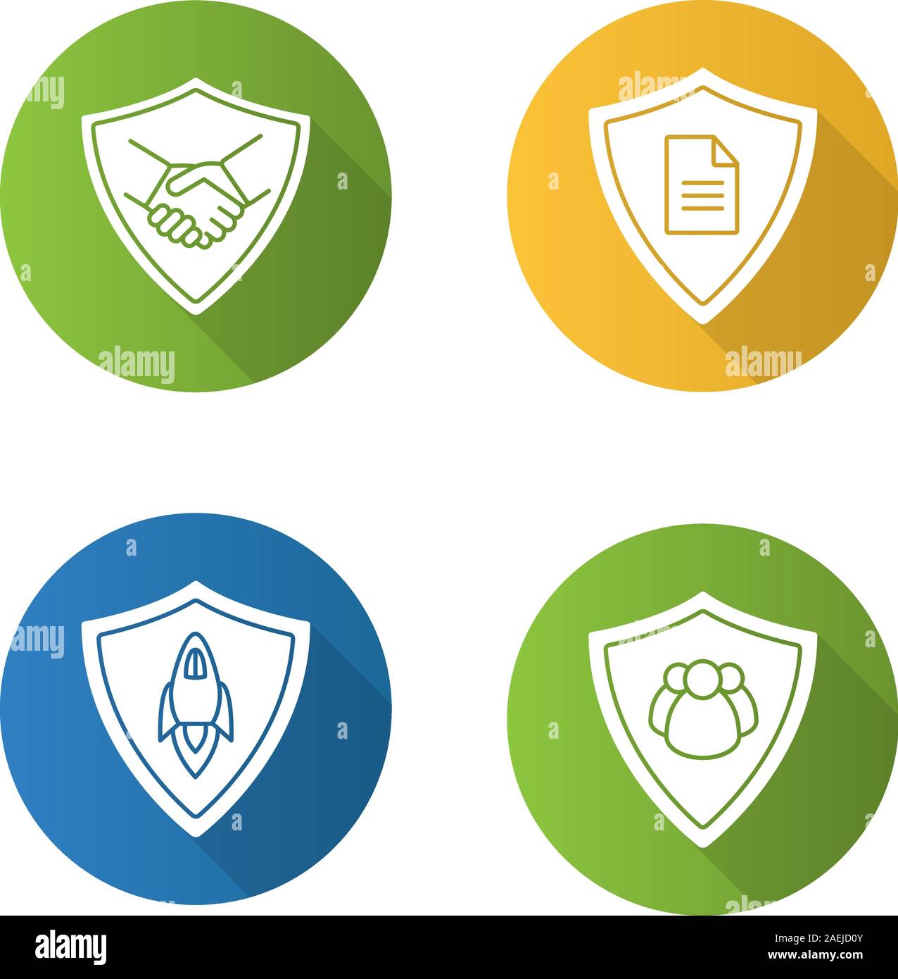 Protection shields flat design long shadow icons set. Safe bargain, personal documents, startup projects, people protection. Vector silhouette illustr Stock Vector