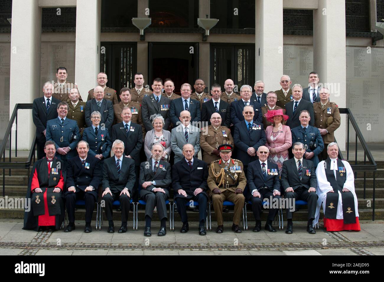 The Duke of Edinburgh attending a service for the 175th anniversary of the Soldier's and Airmen's scripture readers Association at the Guards Chapel in London. L-R (front row only) The Reverand Jonathan Woodhouse, Colonel Edward Armistead, Air Commodore Ben Laite, Vice President Sir Lawrence New, Duke of Edinburgh, General Lord Dannatt, Major General Morgan Llewellyn, Chairman Brigadier Ian Dobbie and The Venerable Ray Pentland RAF. Stock Photo