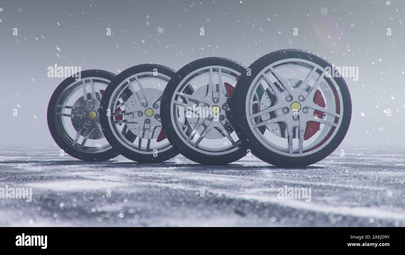 3d illustration Winter tires on a with falling snow background of snow storm, snowfall and slippery winter road. Winter tires concept. Concept tyres Stock Photo