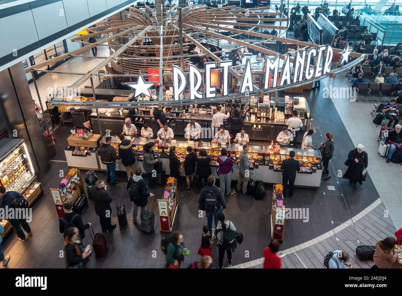 The Pret a Manger sandwich shop and cafe in the departures lounge at Heathrow Airport, Terminal 5 in London, UK Stock Photo