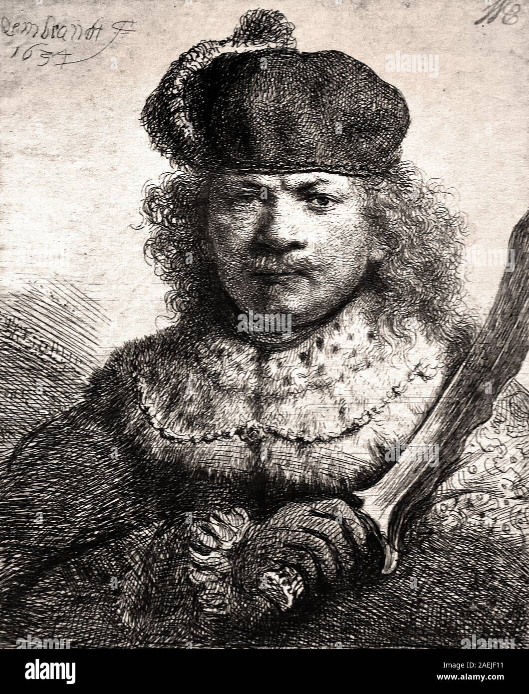 Self Portrait with Raised Raised Sabre - Plumed Cap 1634 Rembrandt Harmenszoon van Rijn 1606–1669 Dutch, The Netherlands, Holland, Stock Photo