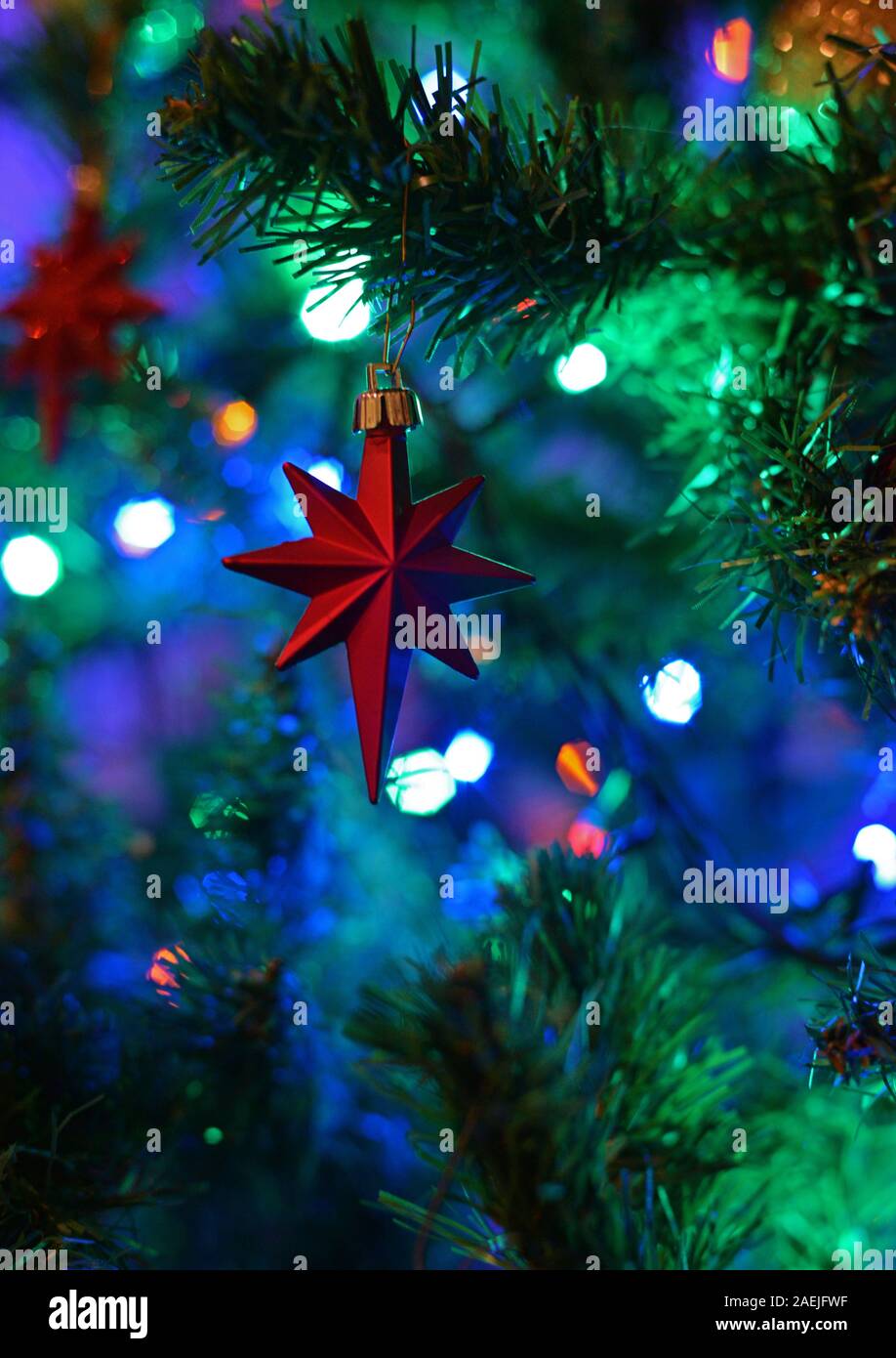 Christmas decorations on the christmas tree. Concept: Festive season. Stock Photo