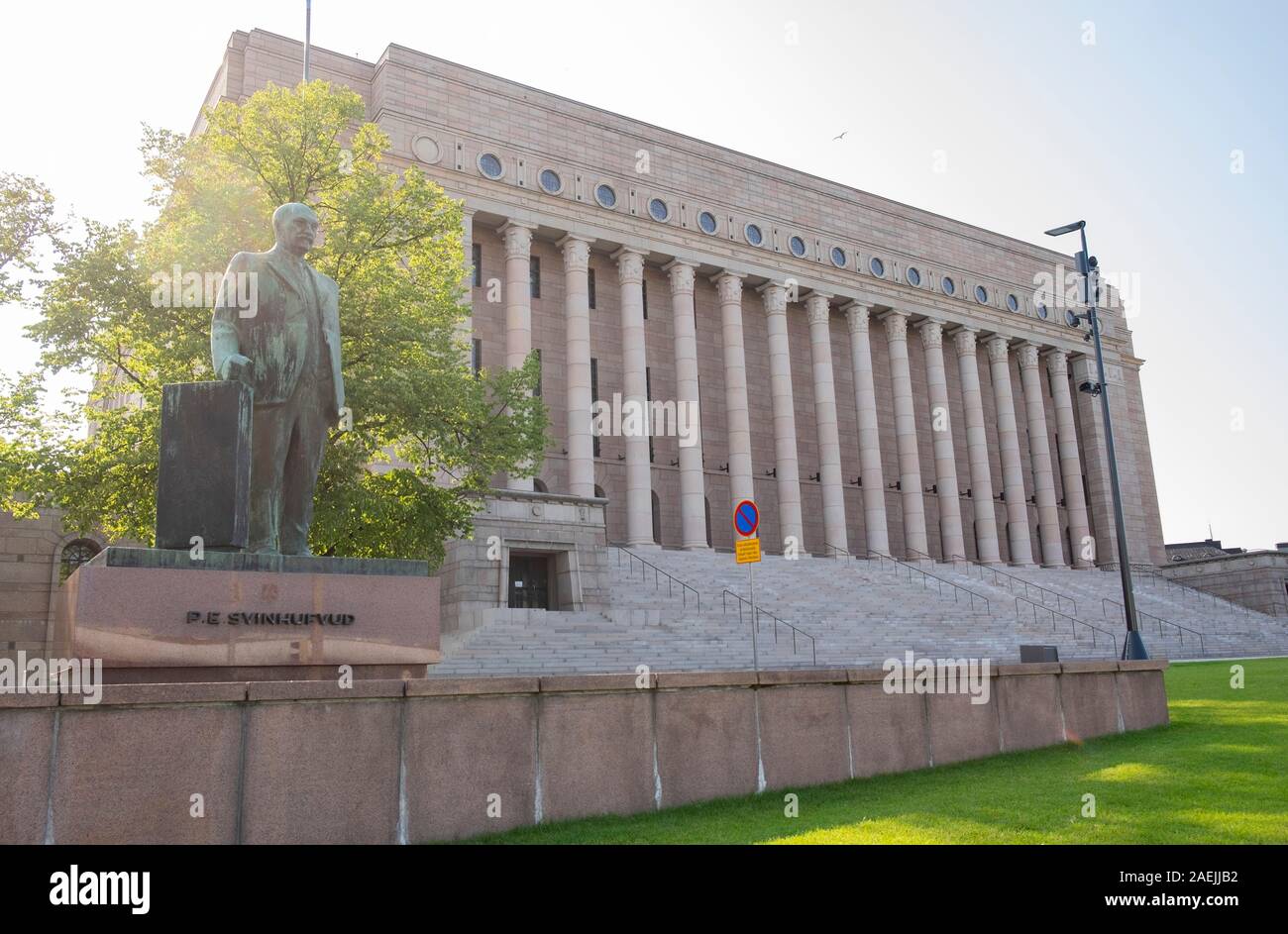 Helsinki Parliament House building with the monument of Pehr Evind Svinhufvud, Helsinki, Finland, Scandinavia, Europe Stock Photo