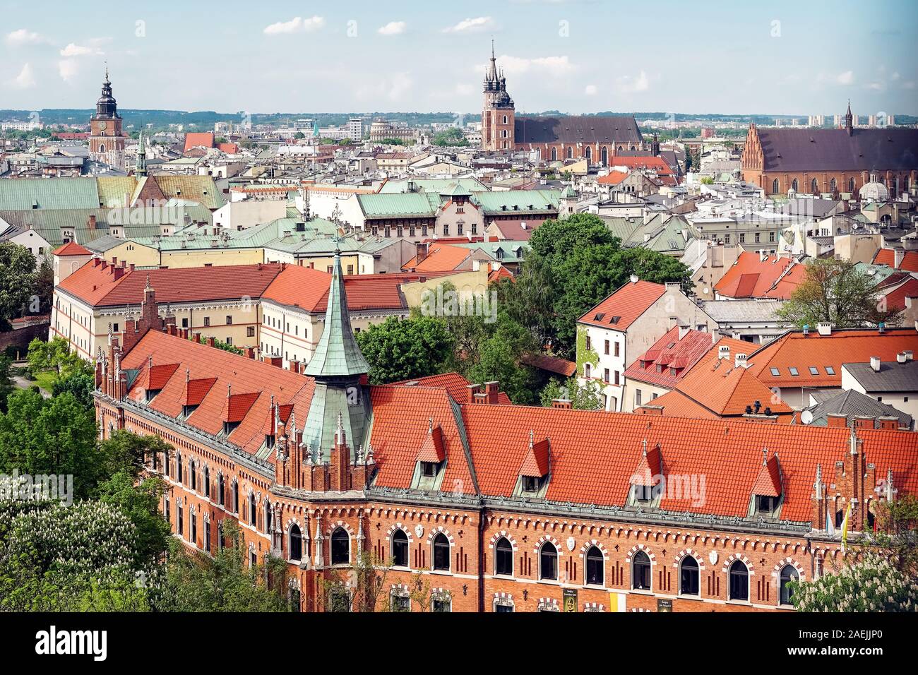 View from Wawel Hill in Krakow. Old Town. In the foreground is a Seminary of the Archdiocese. In the center in the distance - St. Mary's Basilica. Stock Photo