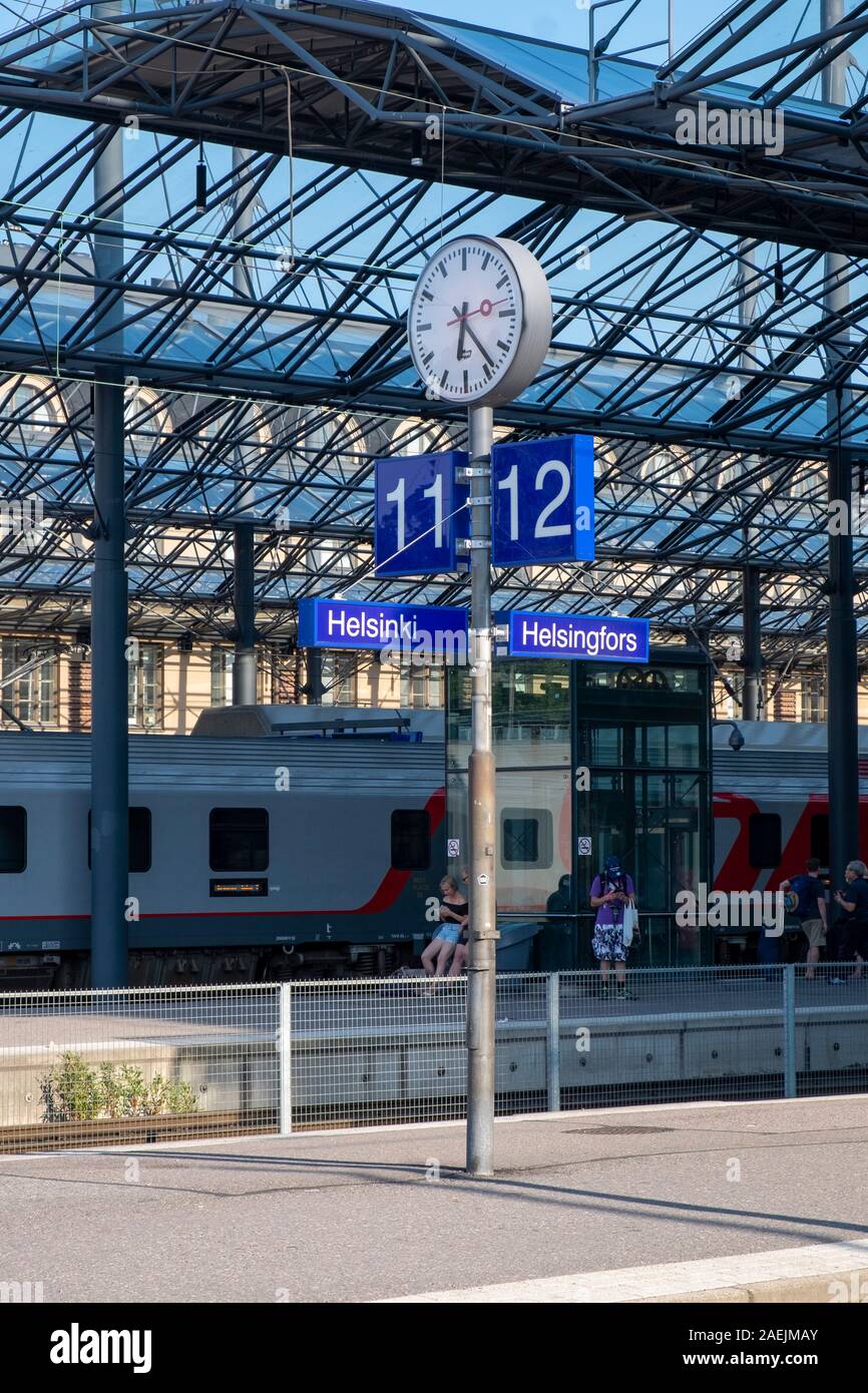 View of Helsinki Central Station platform, Helsinki, Scandinavia, Finland, Europe Stock Photo