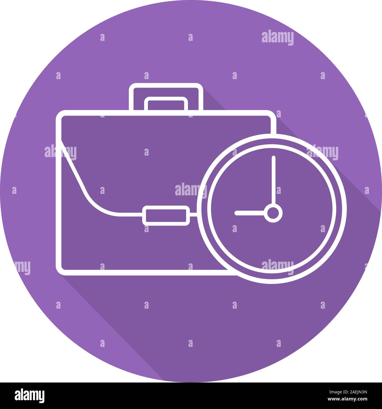 Work time flat linear long shadow icon. Business briefcase with clock. Vector outline symbol Stock Vector
