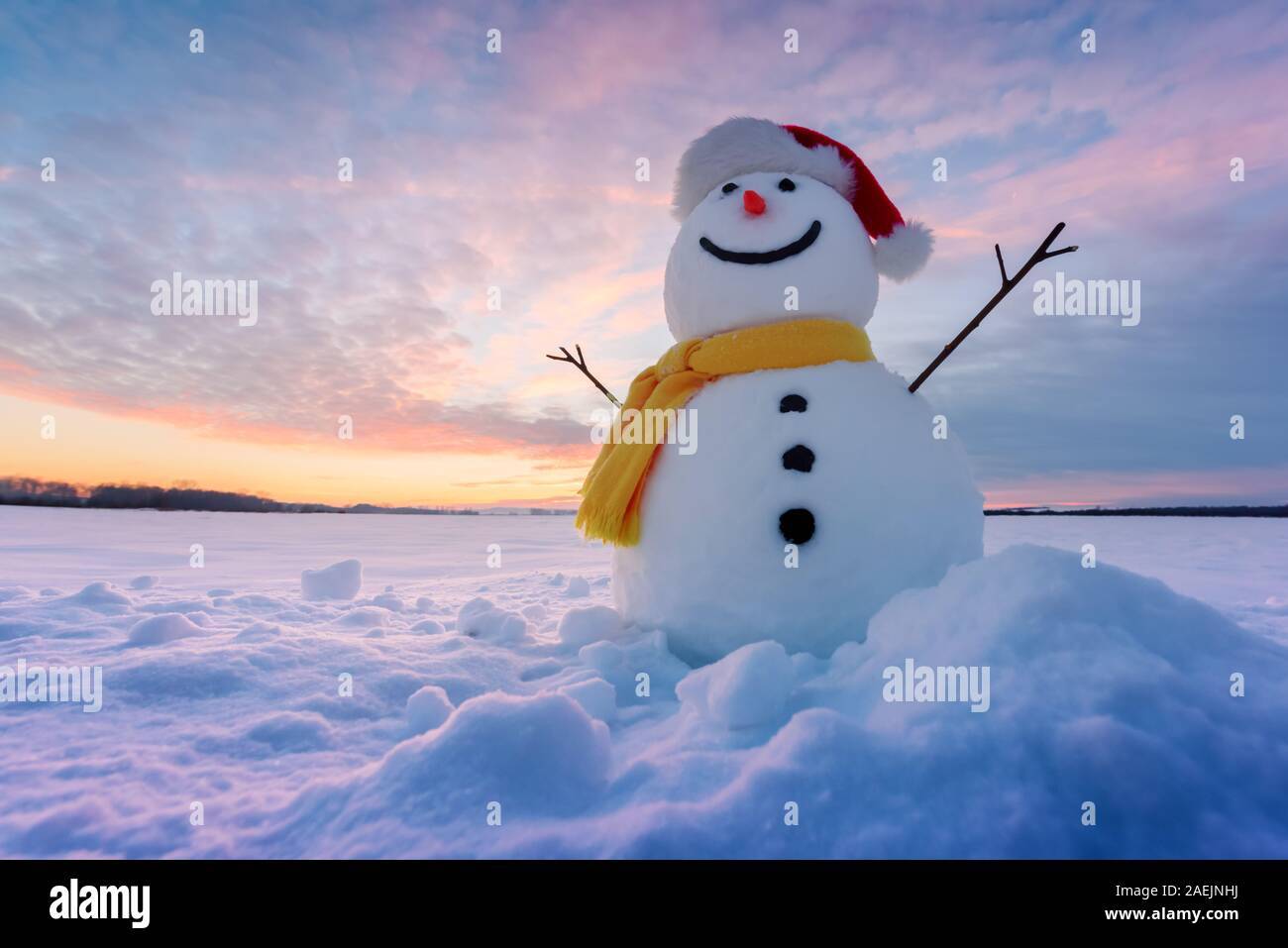 Funny snowman in red santa hat and yellow scalf on snowy field. Christmass and New Year background Stock Photo