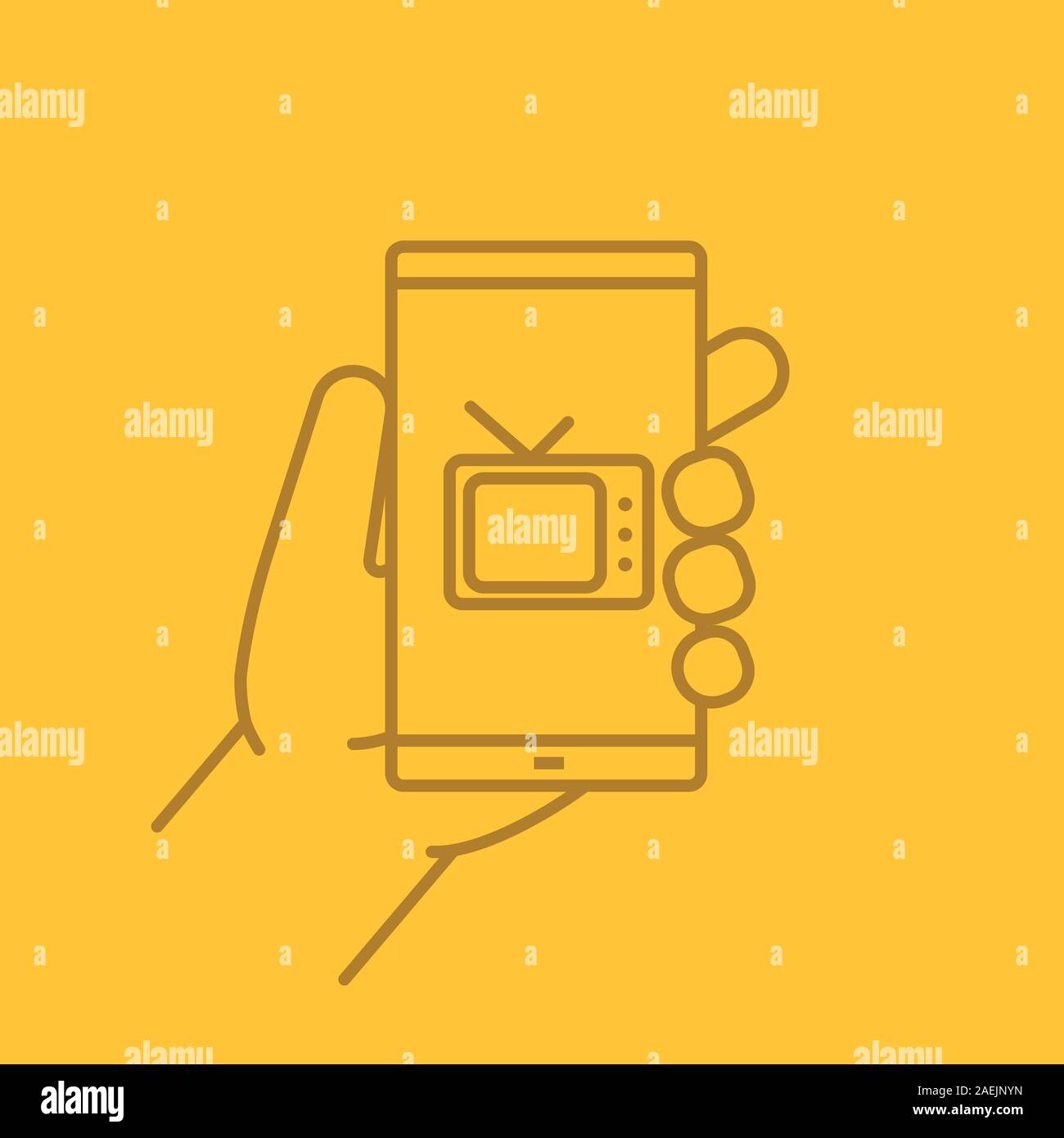 Hand holding smartphone linear icon. Smart phone television app. Thin line outline symbols on color background. Vector illustration Stock Vector