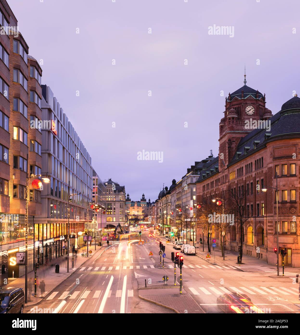 Vasagatan from Klarabergsgatan during a dull cloudy early winter morning in Stockholm, Sweden Stock Photo