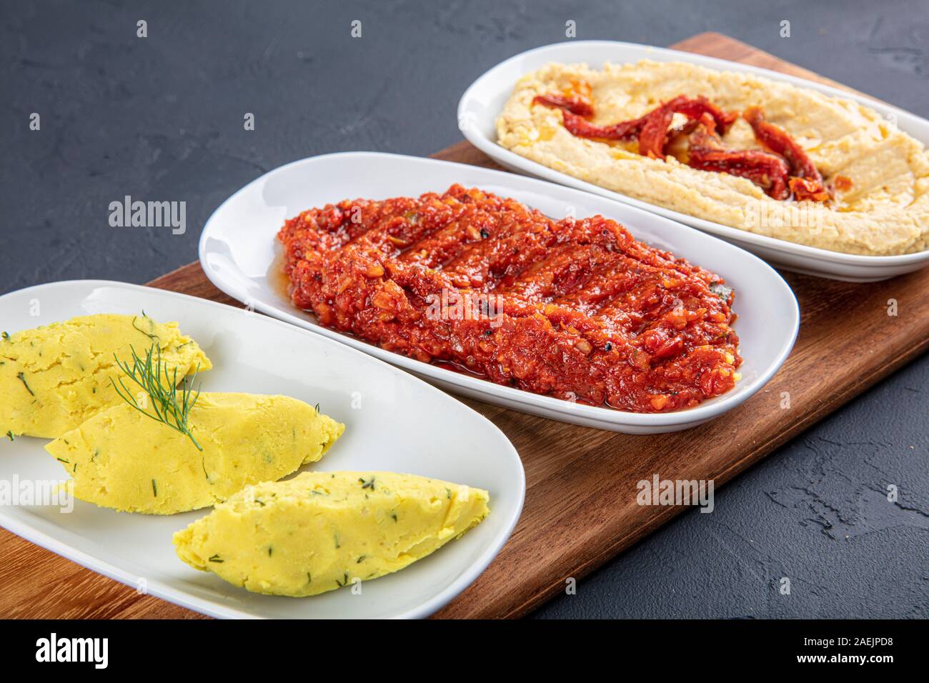 Turkish cuisine appetizers; spicy mash, mashed potatoes, hummus Stock