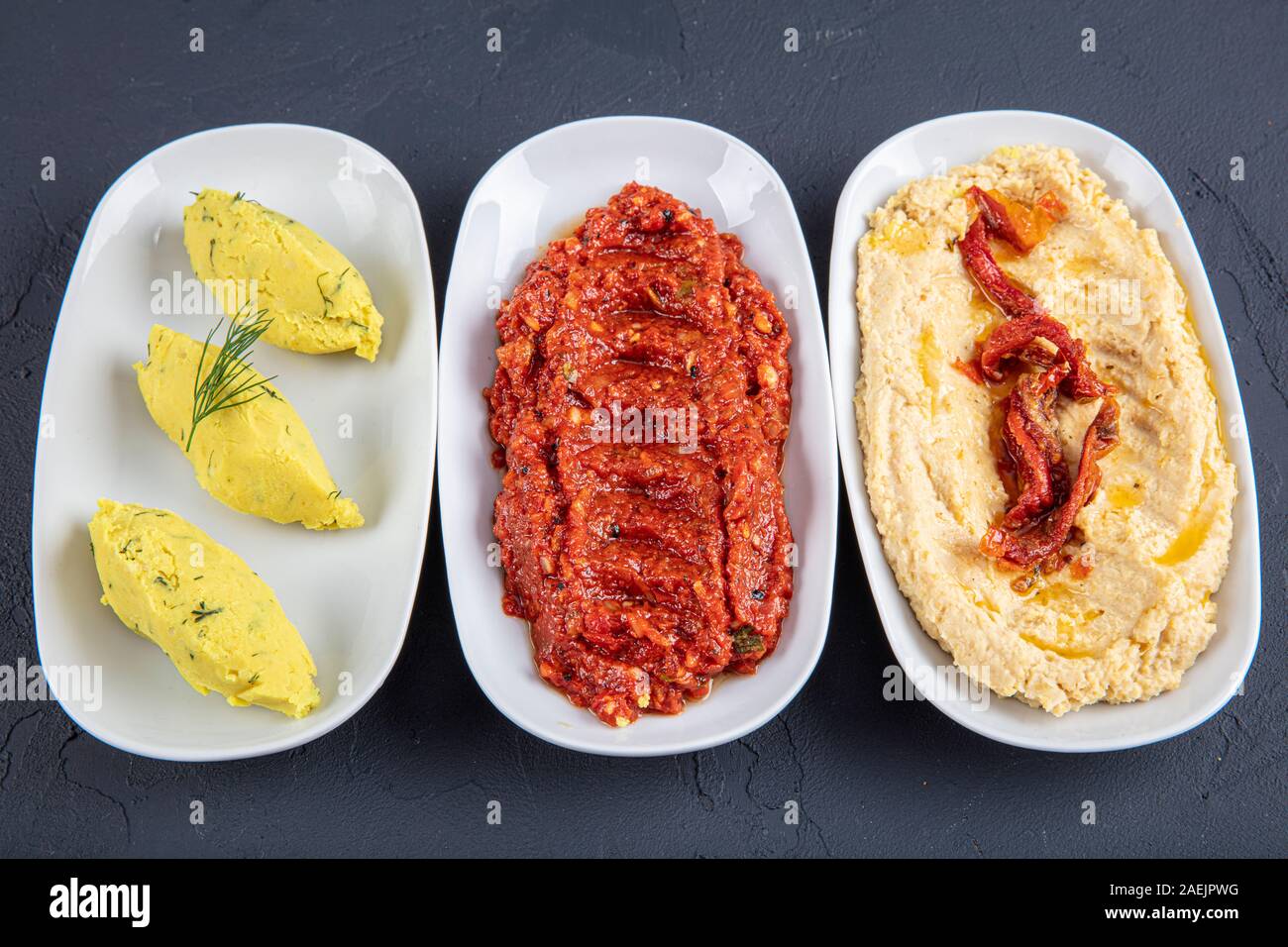 Turkish cuisine appetizers; spicy mash, mashed potatoes, hummus Stock