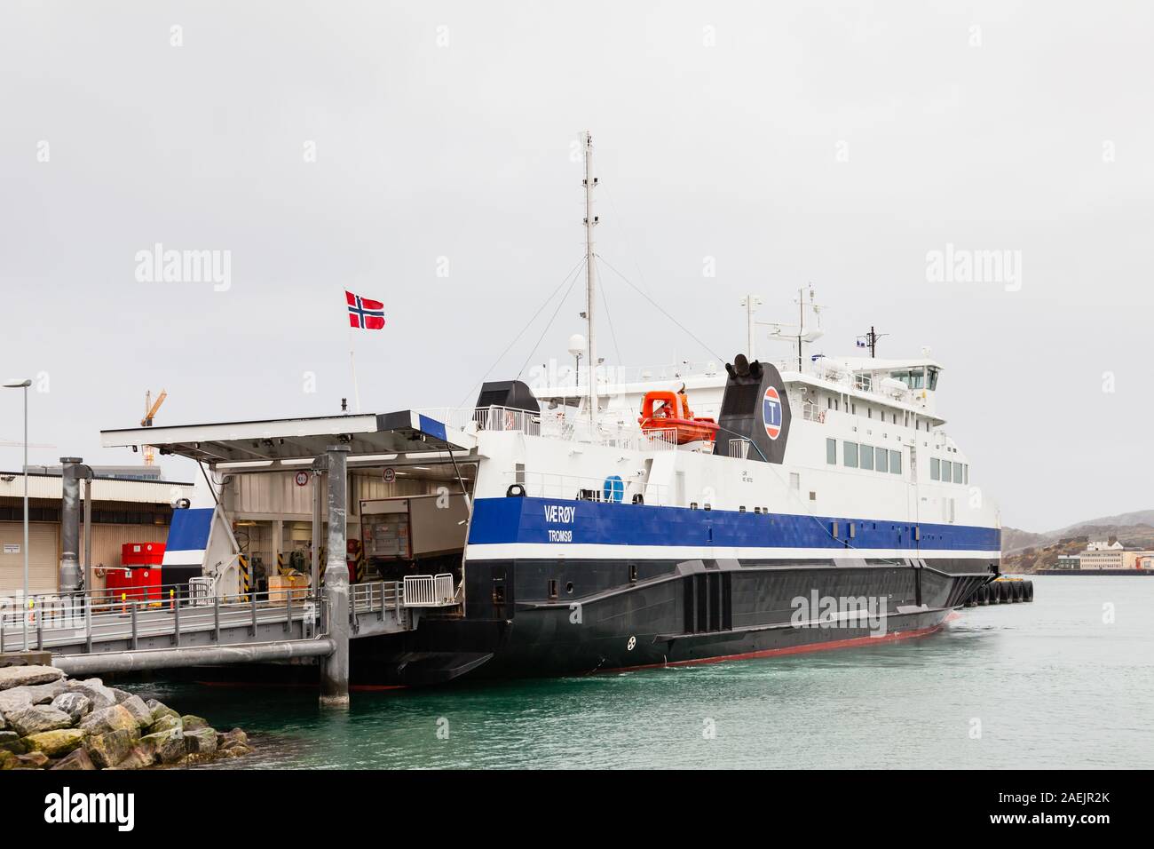A view of Ro-Ro passenger ship, Vaeroy, moored in Bodo, Norway. Stock Photo