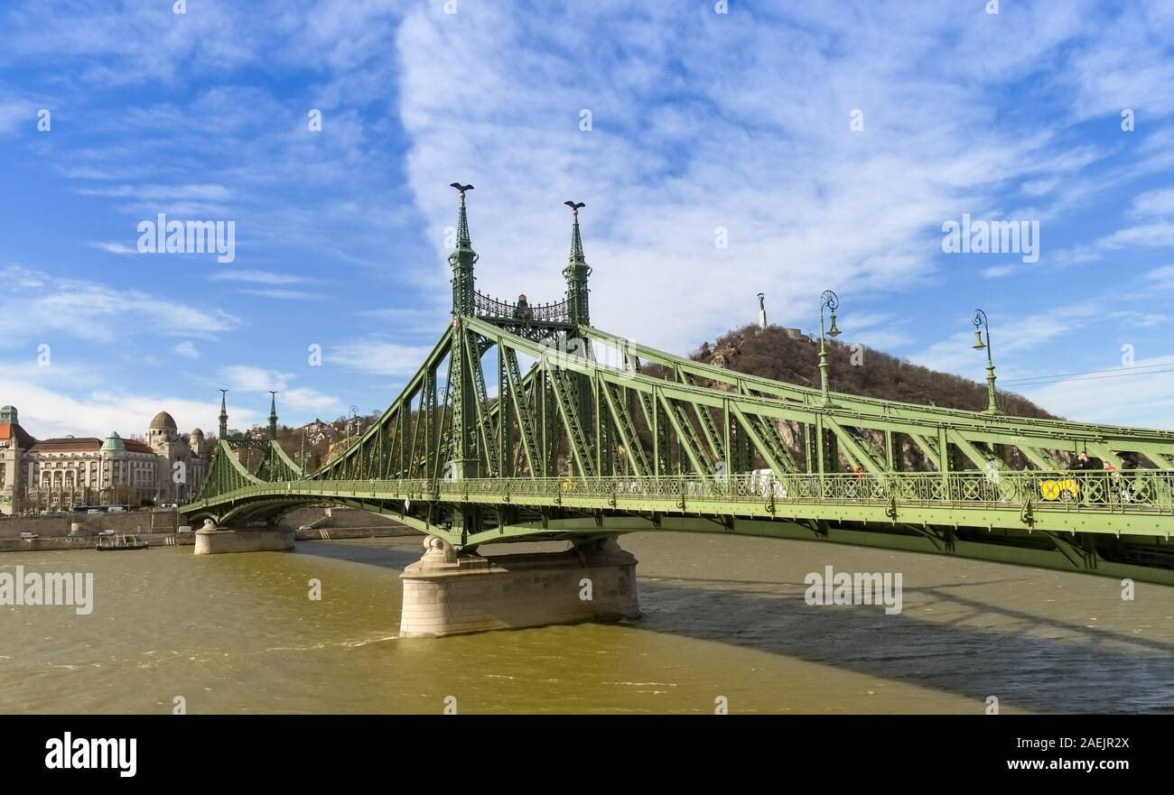 BUDAPEST, HUNGARY - MARCH 2019: The Liberty Bridge or Freedom Bridge as it is also known, which crosses the River Danube in Budapest Stock Photo