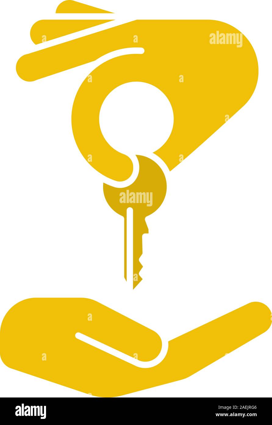 Hand giving key to another hand glyph color icon. Real estate market ...