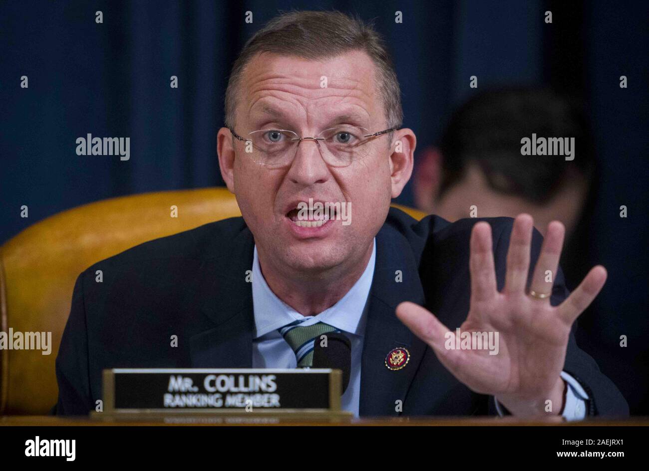 Washington, United States. 09th Dec, 2019. House Judiciary Committee Ranking Member Doug Collins (R-GA) questions Intelligence Committee Minority Counsel Stephen Castor and Intelligence Committee Majority Counsel Daniel Goldman during the House impeachment inquiry hearings, Monday December 9, 2019. Pool Photo by Doug Mills/UPI Credit: UPI/Alamy Live News Stock Photo