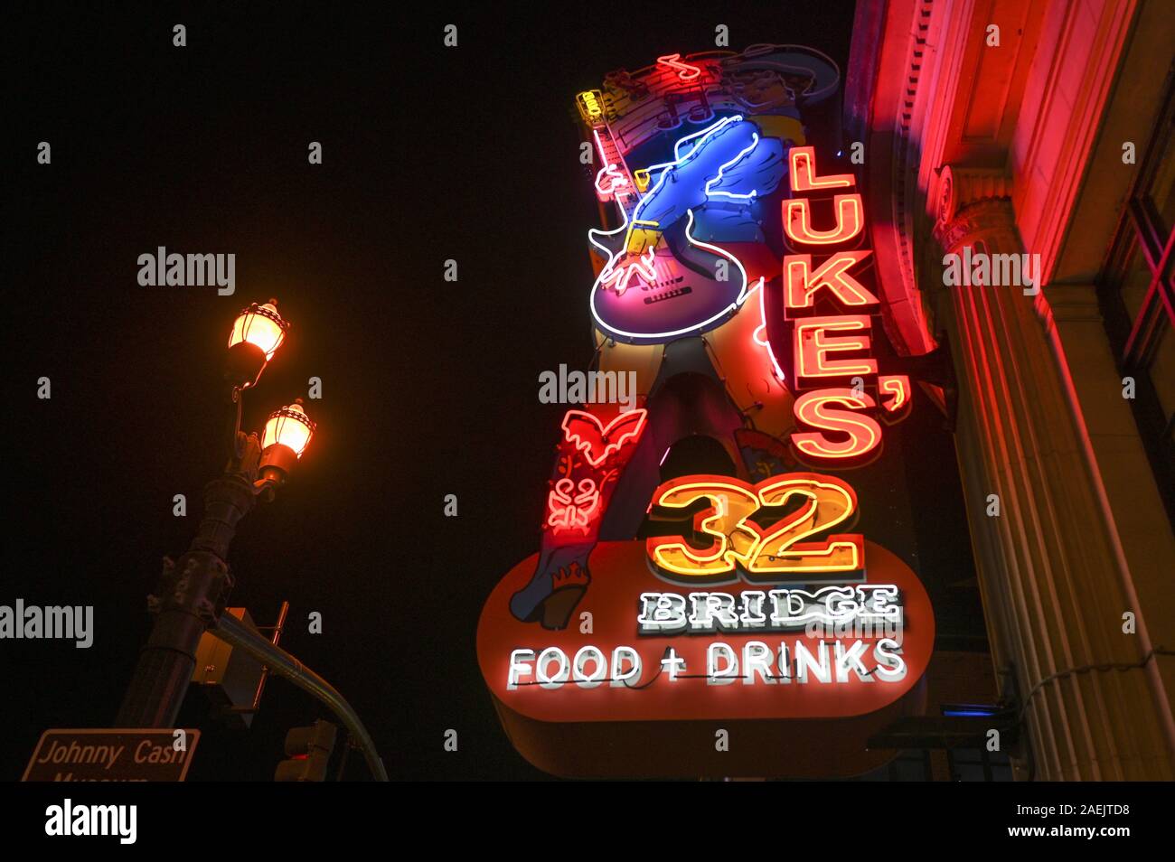Neon sign on Broadway in Nashville. This historic street in Music Row