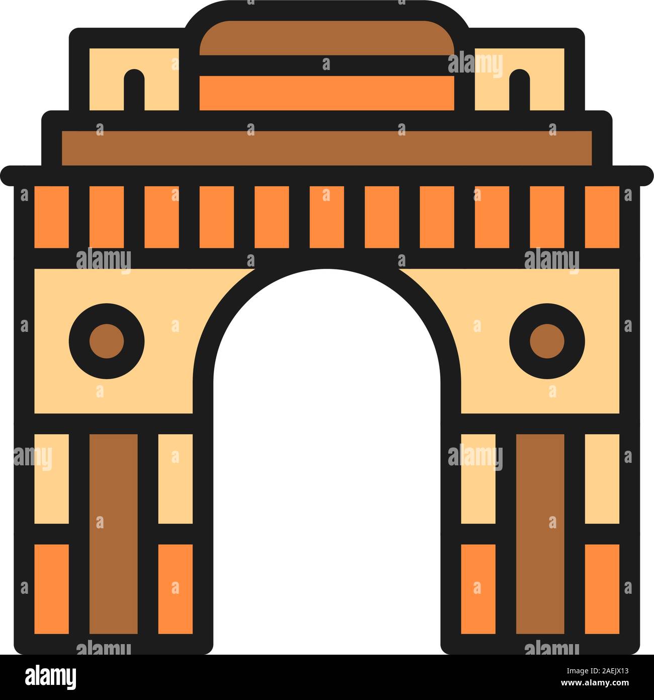 Triumphal Arch Gate of India to New Delhi flat color line icon. Stock Vector