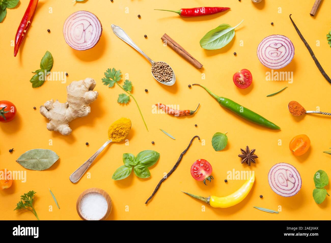 Download Herbs And Spices On Yellow Background Stock Photo Alamy PSD Mockup Templates