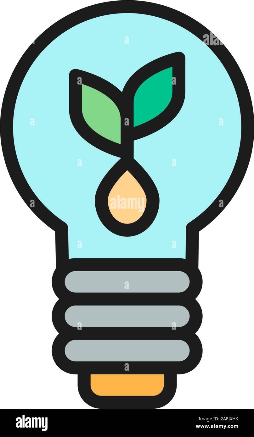 Vector plant with light bulb flat color line icon. Stock Vector