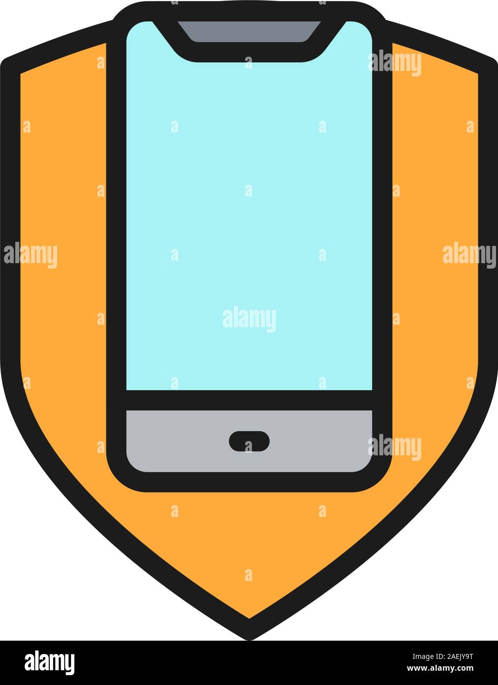 Phone with shield, smartphone protection flat color line icon. Stock Vector