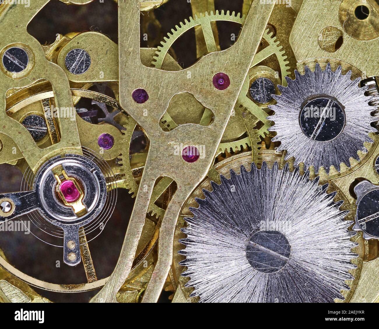 top view gears of a golden mechanical pocket watch, mechanism of a clock Stock Photo Alamy