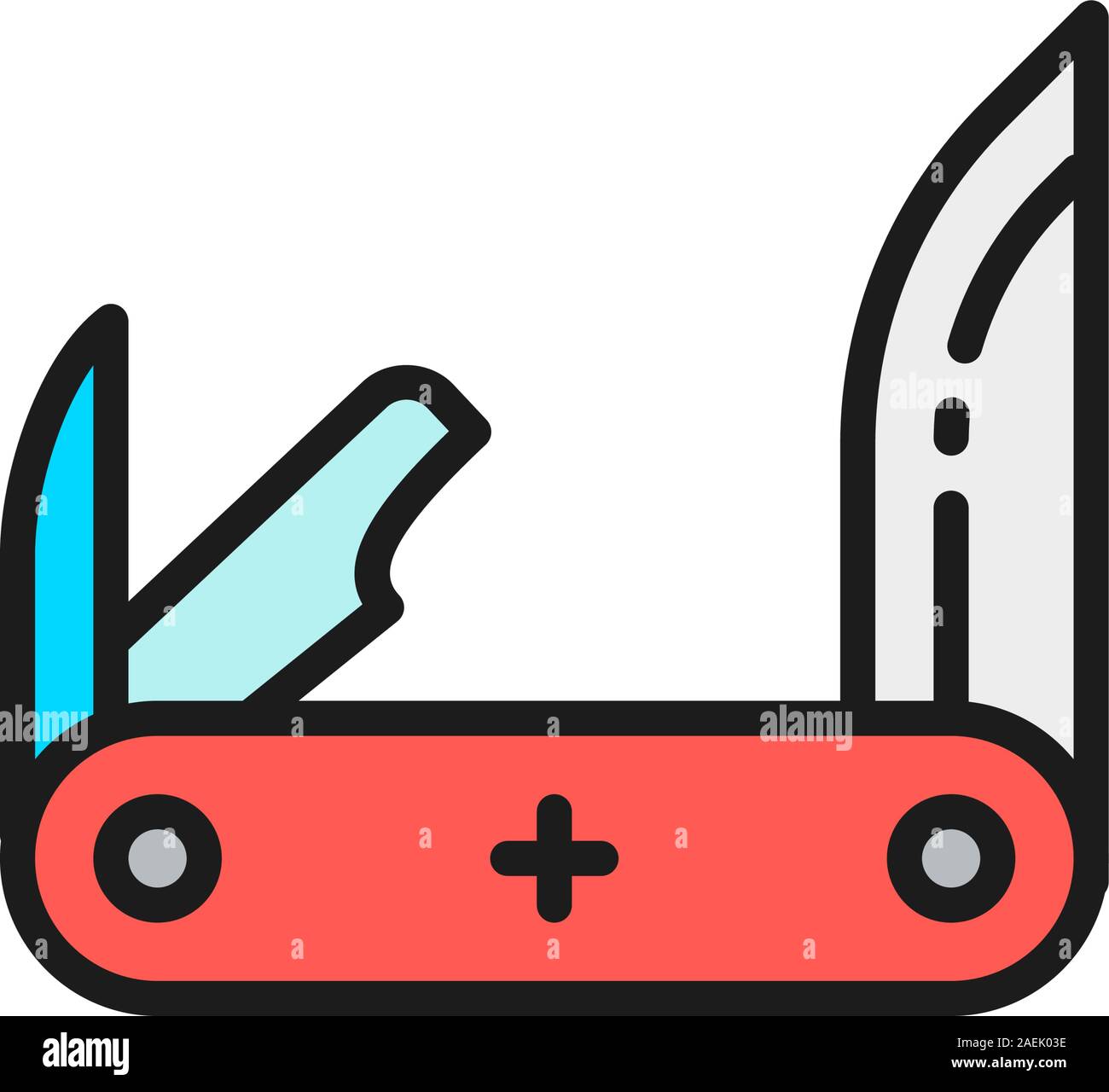 Vector jackknife, pocket knife, multitools flat color line icon. Stock Vector