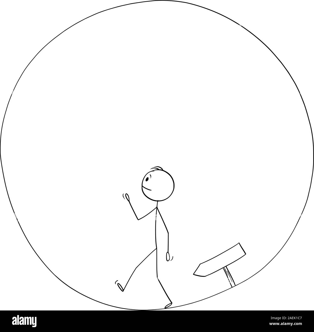 Vector cartoon stick figure drawing conceptual illustration of man or businessman walking in circle. Business concept of career, success and challenge. Stock Vector
