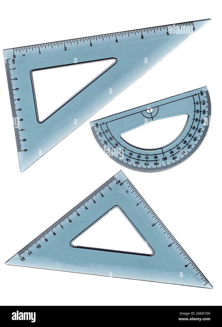Collection of school supplies used for drafting and measurement. Each