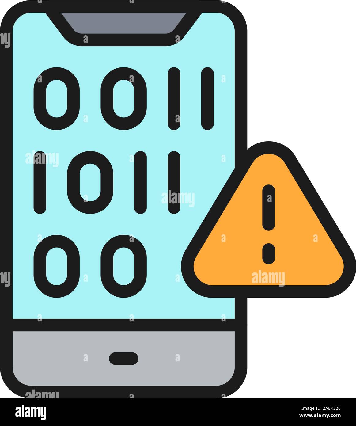 Mobile screen with binary code, mobile software problems flat color line icon. Stock Vector