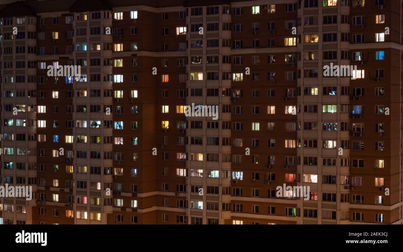 Facade View Of Living Apartment Building With Glowing Windows At Night Stock Photo Alamy