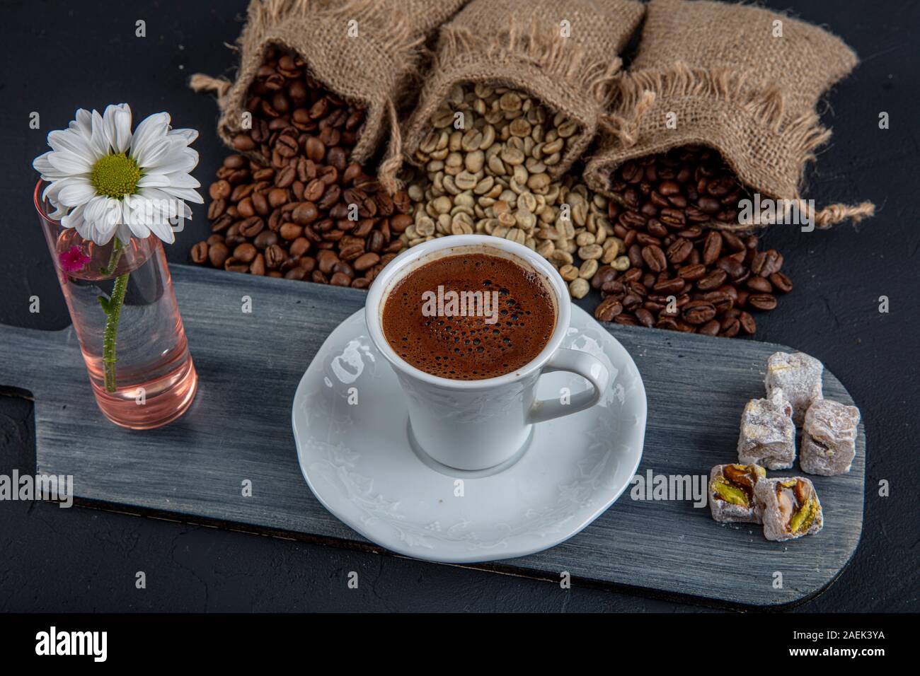 Traditional turkish coffee drink concept. Turkish coffee with glass of