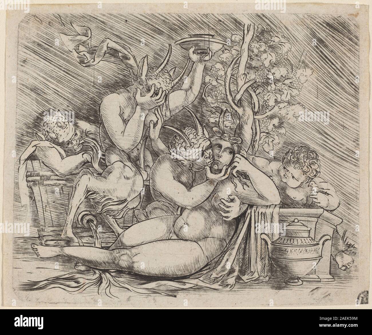 Master of 1515, Bacchanalian Scene with Satyrs and a Maenad, c 1515 Bacchanalian Scene with Satyrs and a Maenad; circa 1515 date Stock Photo