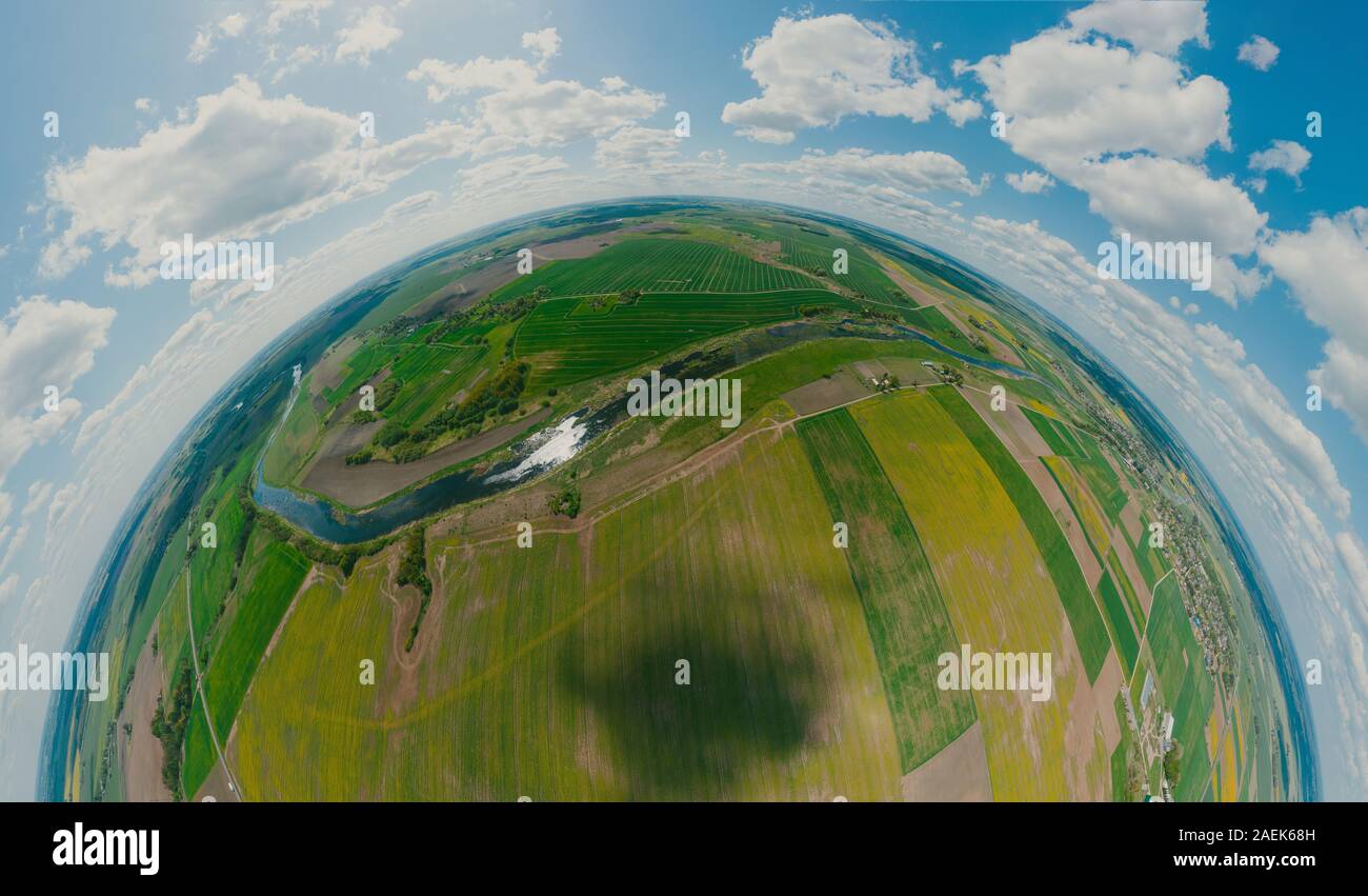 Green forest and green field in Lithuania, 360 VR Sphere Stock Photo