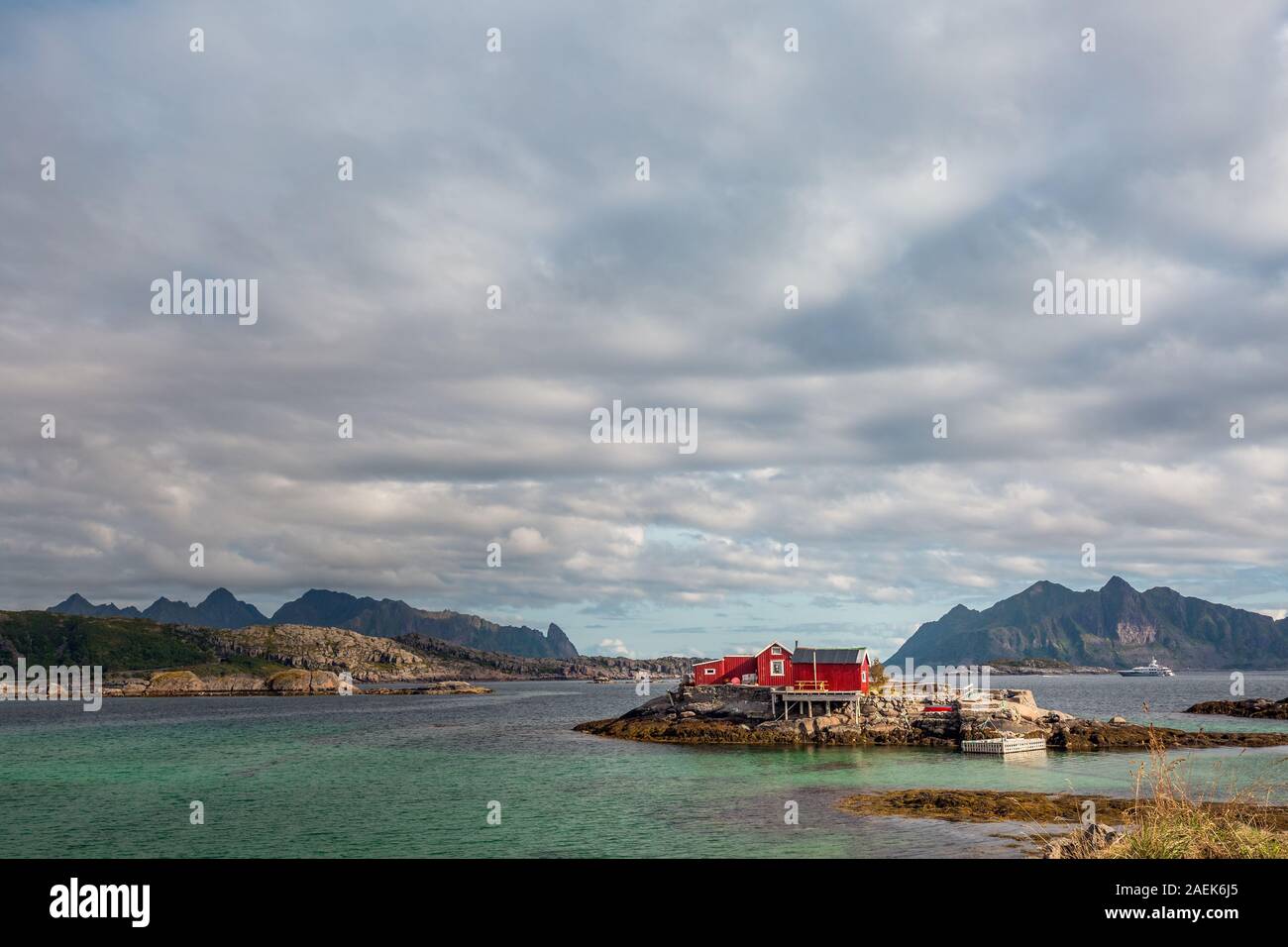 Red rorbu at Svolver is the administrative centre of Vagan Municipality in Nordland County, Norway. It is located on the island of Austvagoya in the L Stock Photo