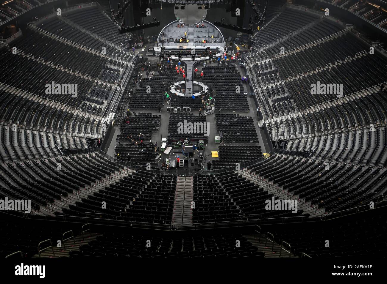 Workers dismantle the stage after a Michael Bublé concert at the T-Mobile Arena in Las Vegas in March 2019 Stock Photo