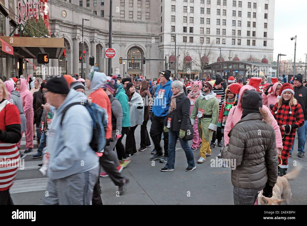 Participants in the 2019 Christmas Story Run fill Public Square in downtown Cleveland, Ohio, USA prior to the annual holiday run. Stock Photo