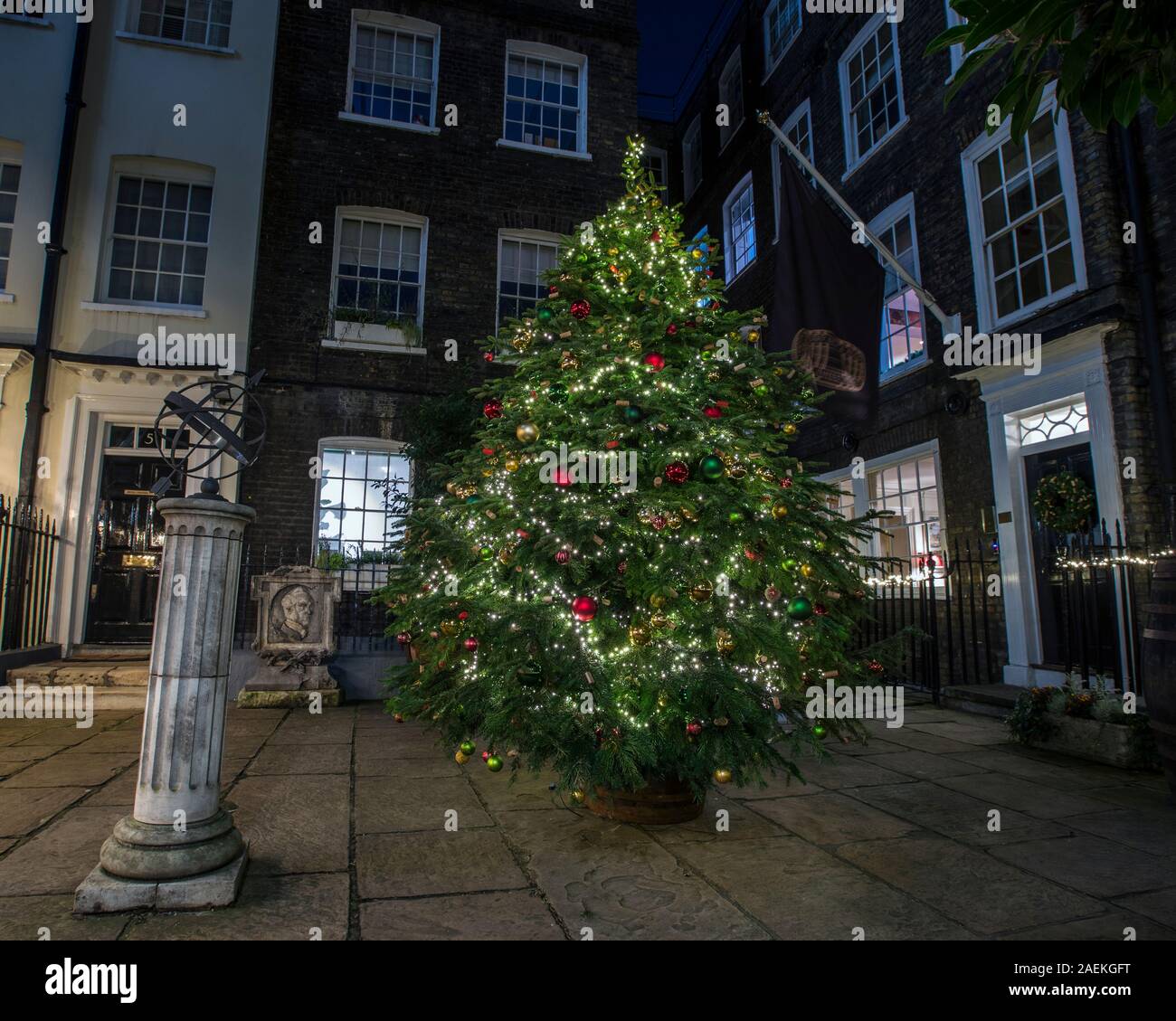 London, UK - December 9th 2019: A beautiful Christmas Tree on display in Pickering Place in London, UK.  Pickering Place is the smallest square in Lon Stock Photo