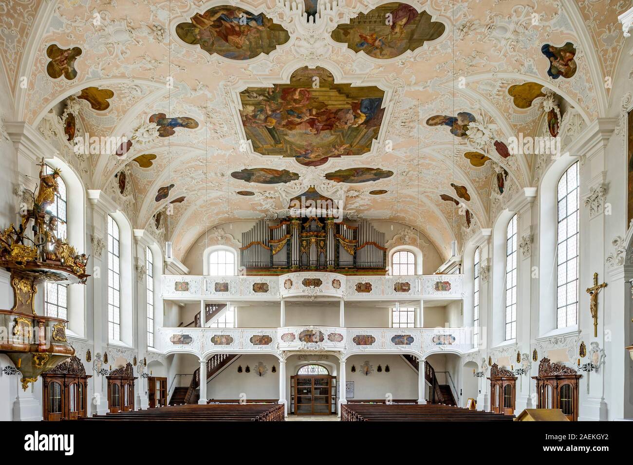 Baroque nave with organ gallery, mirror vault with ceiling frescoes, St. John the Baptist parish church, Old Town, Hilpoltstein, Middle Franconia Stock Photo
